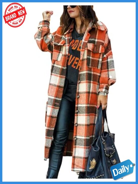 Jackets & Blazers - Tartan Plaid Button Up Long Shacket Coat with Pockets